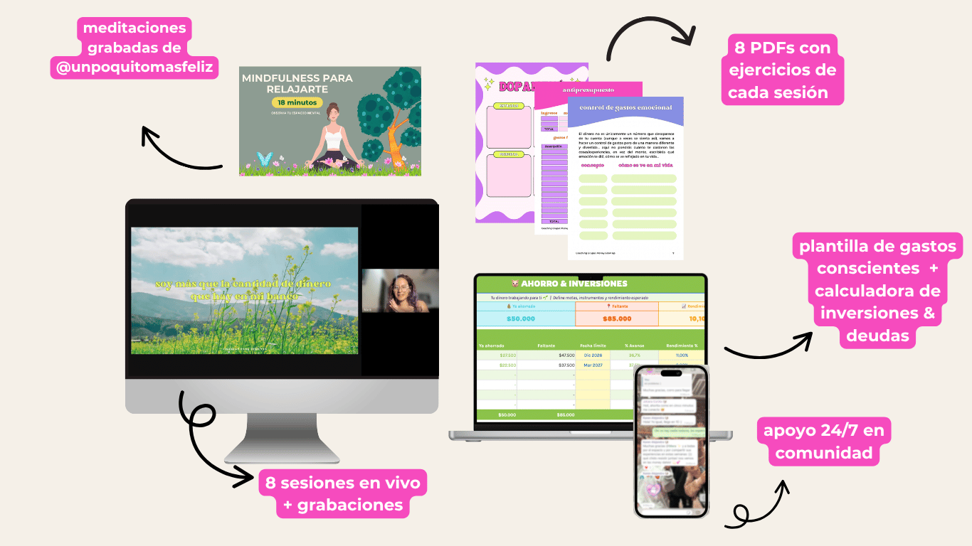 Lo que incluye el Money Glow Up: 8 sesiones en vivo con grabaciones, 8 PDFs con ejercicios de cada sesión, plantilla de gastos conscientes, calculadora de inversiones y deudas, meditaciones grabadas de @unpoquitomasfeliz y grupo de WhatsApp